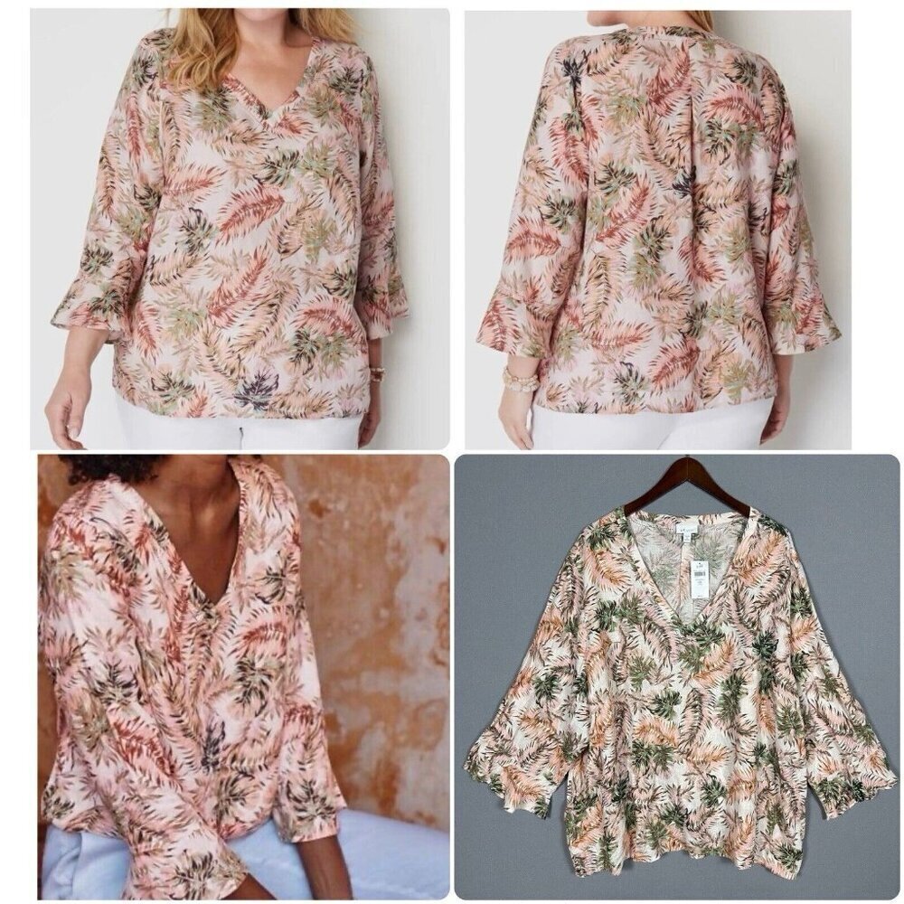 NWT J Jill LOVE LINEN Top Size 4X Flounce Sleeve V-Neck Tropical Palm Leaves NEW